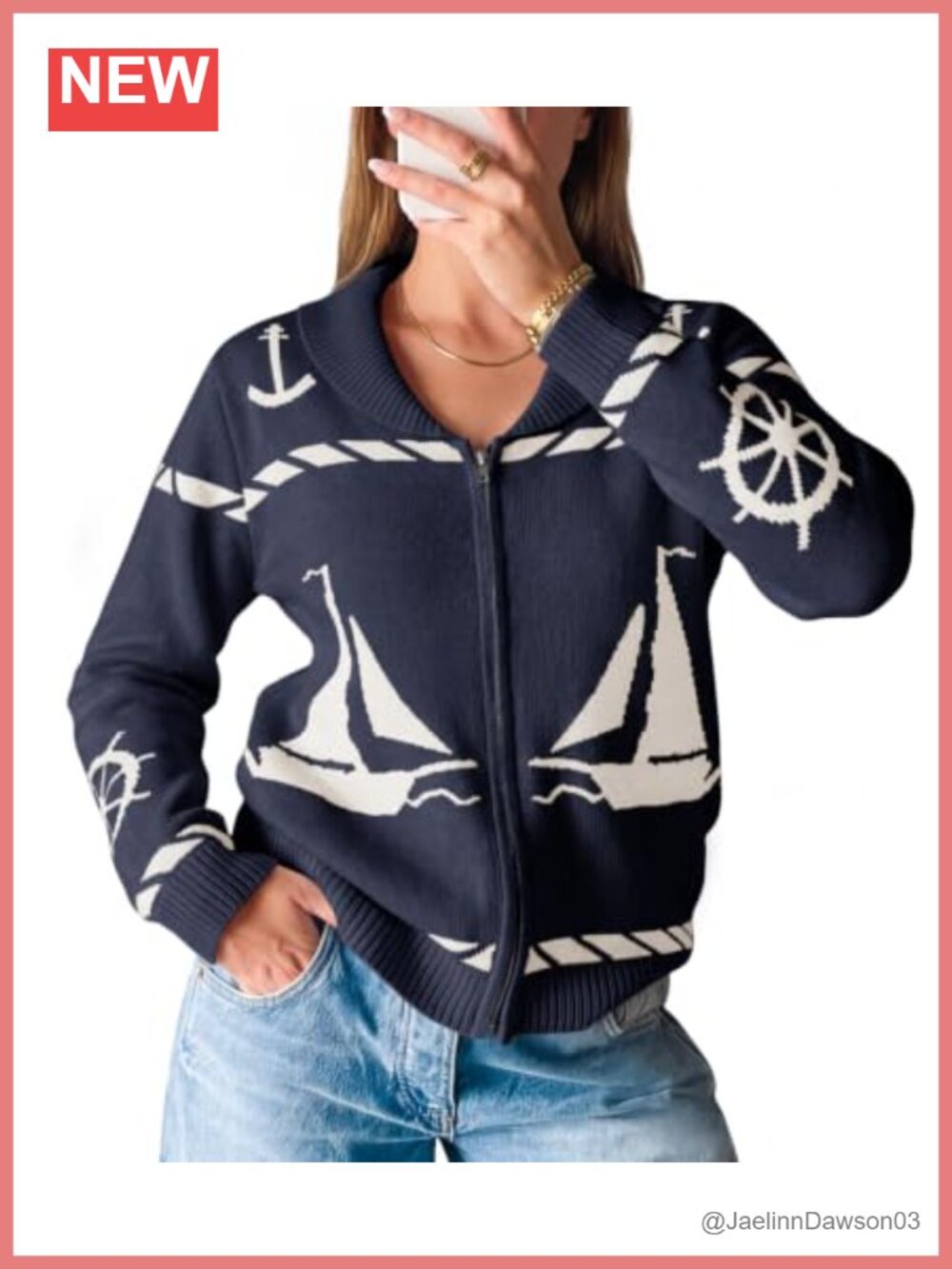 Women Zip Up Collared Sweater Jacket Nautical Cardigan Long Sleeve